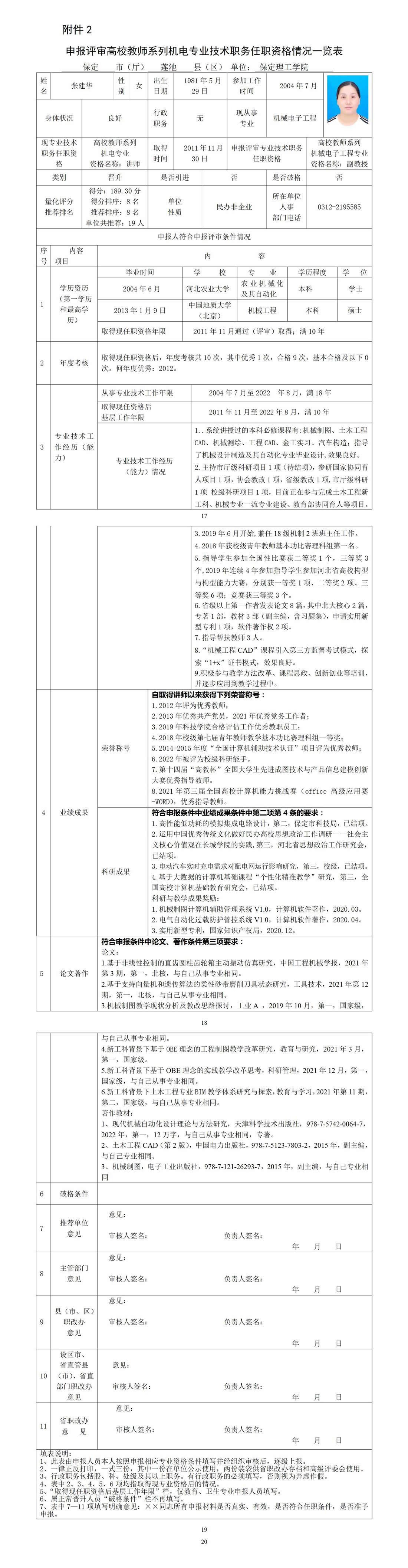 张建华任职资格情况一览表